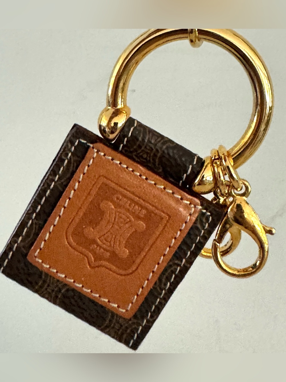 CELINE Macadam Canvas Leather Bag Charm Keychain Gold Tone Like New - Picture 7 of 7